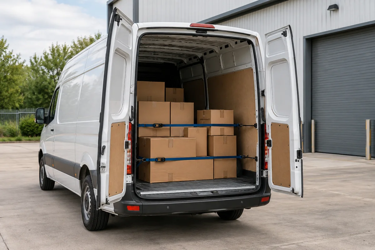 Shipping cartons secured inside a dedicated cargo van