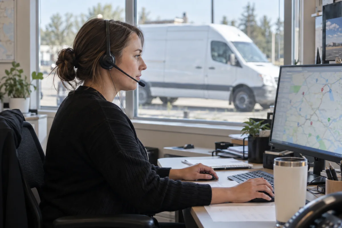 Dispatcher coordinating van transport from an office