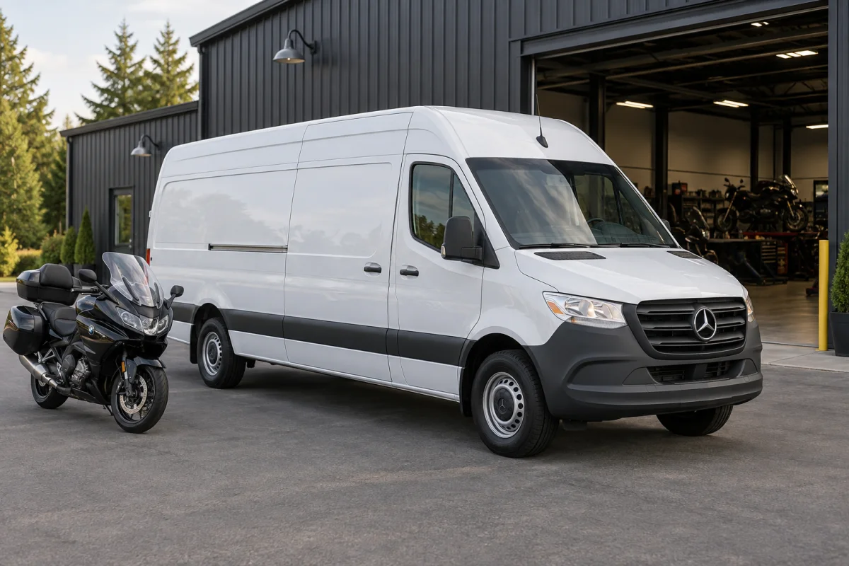 Cargo van outside a specialist motorcycle workshop