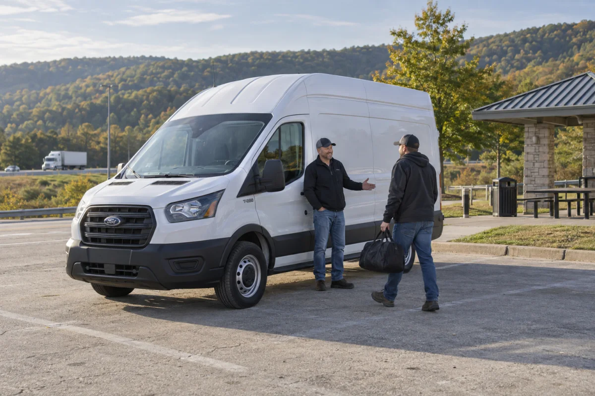 Two cargo van drivers at a rest-area handover