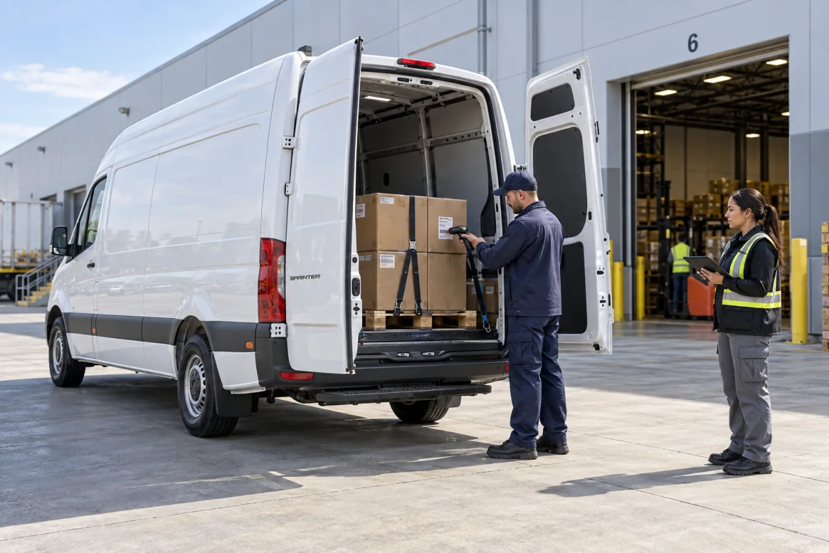 Cargo van driver checking a shipment at a warehouse
