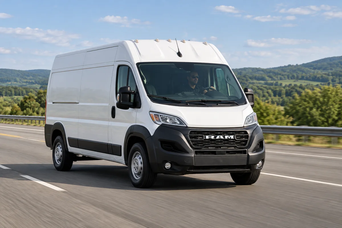 White high-roof cargo van on an interstate highway